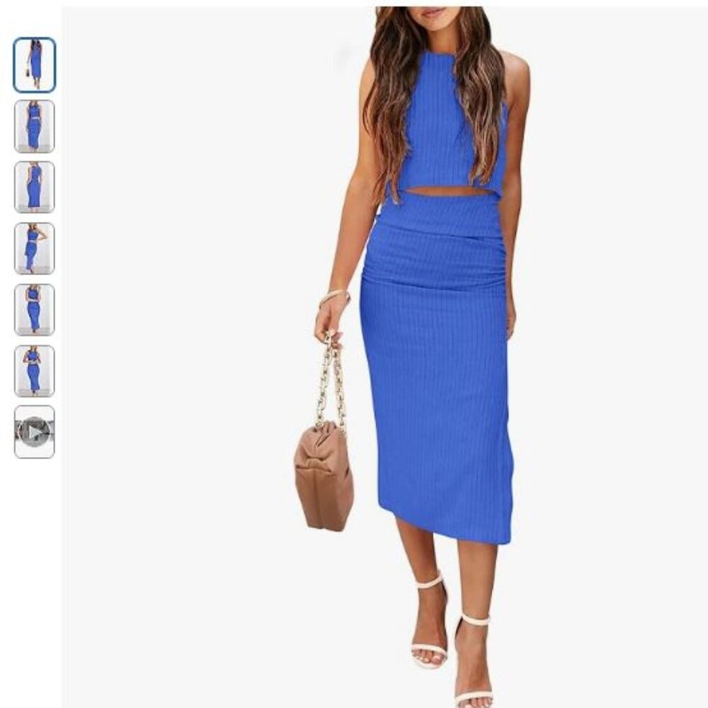 PRETTYGARDEN Women's 2 Piece Summer Outfits Crewneck Tank Tops Split Bodycon Mid